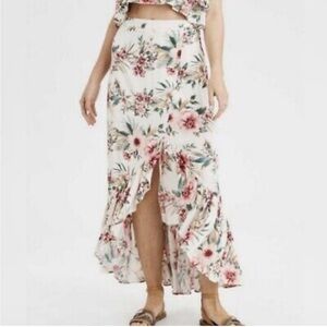 American Eagle Outfitters Floral Boho Maxi Skirt Large Cream Hawaiian Hi Low